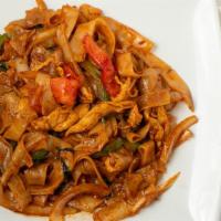 Drunken Noodle (Pad Kee Mao)  · Sala Thai's Favorite. Stir fried flat noodle with onion, bell pepper, tomato, basil, and cho...