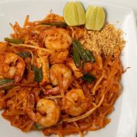 Pad Thai Shrimp · Stir fried thin rice noodle with egg, tofu, onion, bean sprout and choice of meat topped wit...