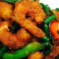 Pad Prik Khing with Battered Shrimp · Battered and deep-fried prawns sautéed with string bean in a sweet chili paste sauce.