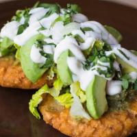 Gorditas · Lightly fried potato-masa cakes with salsa verde, avocado and cashew crema