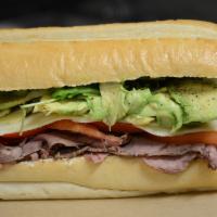 18. Roast Beef Special Sandwich · Monterey jack, Avocado, lettuce, tomato, onion, pickles, S&P, mayo and mustard on a Dutch Cr...