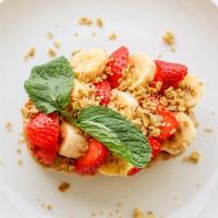 Power Breakfast Toast · Vegetarian. Peanut butter, honey, fresh strawberries, fresh bananas, and granola.
