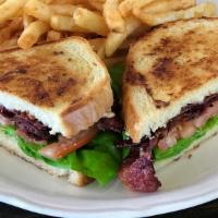 BLT · Beef Bacon, Lettuce, Tomato and Mayo on Toasted Sourdough with Side Salad