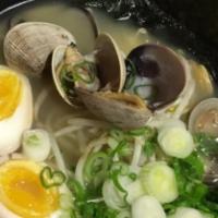 Asari Clam Ramen · Asari clam broth with, asari clam, beansprouts, green onion, kaiware sprouts, garlic, butter...