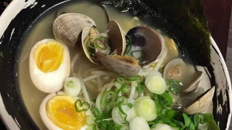 Asari Clam Ramen · Asari clam broth with, asari clam, beansprouts, green onion, kaiware sprouts, garlic, butter, and dried seaweed.