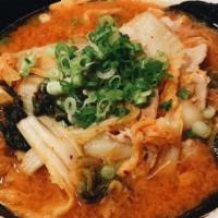 Kimchi Ramen · Soy sauce broth with chashu pork, egg, bamboo, kaiware sprouts, naruto fish cake, green onio...