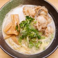 Scallop Ramen · Scallop clam broth with scallop, beansprouts, green onion, kaiware sprouts, garlic, butter, ...