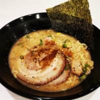 (R2) Tonkotsu Ramen / 豬骨拉麵 · Pork Broth with slide chashu, egg, wood ear mushroom, bean sprout, fish cake and green onion.