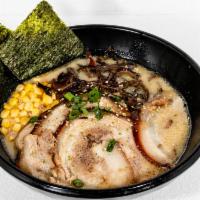 (R1) Miso Ramen / 味噌拉麵 · Miso Broth with slide chashu , egg, wood ear mushroom, bean sprout, fish cake and green onion.