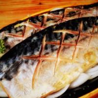Grilled Mackerel · Two pieces of grilled mackerel. Served with rice and 2 side dishes. Contains fish bones.