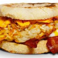 3. The Early Bird · Toasted English Muffin Egg, Hash browns, Cheddar Cheese, Choice Of Sausage, Ham, Or Bacon.
