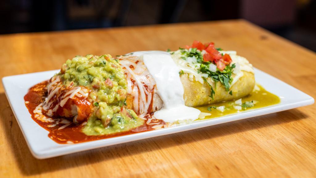 Super Burrito · Large Flour Tortilla with Choice of Meat, Rice, Beans, Cheese, Sour cream, Guacamole and Pico De Gallo or Make it a 3 Color!