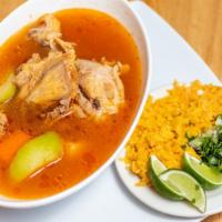 Caldo de Pollo (Chicken Soup) · Chicken Soup with Potatoes, Squash, Carrots and a Side of Rice and Pico de Gallo with Lime W...