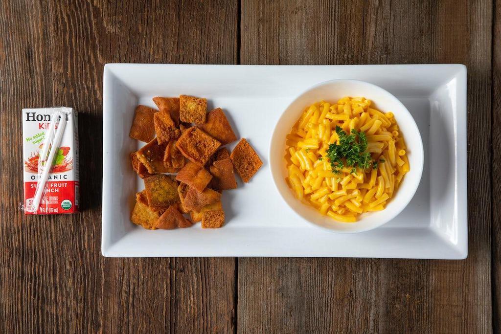 Mac & Cheese · Classic and delicious. Comes with pita chips and juice.