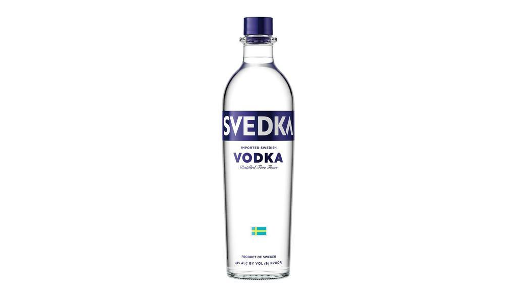 Svedka Vodka (750 ml) · SVEDKA Vodka is a smooth and easy-drinking vodka infused with a subtle, rounded sweetness, making it an ideal addition to countless vodka cocktails. Made with the finest spring water and winter wheat, this unflavored vodka is distilled five times to remove impurities. The result is a clean, clear taste with a balanced body and a crisp finish, making this 80 proof vodka a bold, crowd-pleasing choice. Mix this 80 proof vodka into cosmopolitans or vodka martinis, or chill this 750 mL bottle of distilled vodka for enjoying in a vodka on the rocks, savoring the crisp finish. BRING YOUR OWN SPIRIT.¬Æ ENJOY RESPONSIBLY. Svedka¬Æ ¬©2021 Spirits Marque One, San Francisco, CA Vodka distilled from grain 40% alc/vol