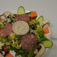 California Garden Salad · Romaine lettuce, carrot, red cabbage, cucumber, grape tomatoes, salami, fresh mushroom, with...