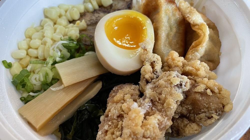 Katana Ramen · Chashu, egg, corn, karaage, and fried gyoza.