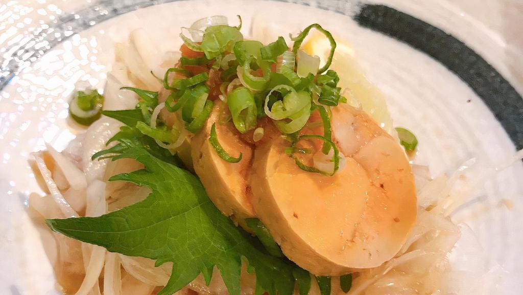 Ankimo · Cooked Monkfish liver with thin slice onion ,chili-tinted grated daikon , scallion and house special made Ponzu sauce