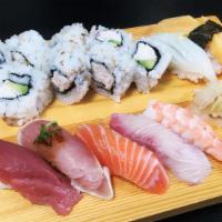 Sushi combo A · 8 pc. California roll , Maguro nigiri (tuna) ,Sake Nigiri (salmon),Hamachi Nigiri (yellowtai...
