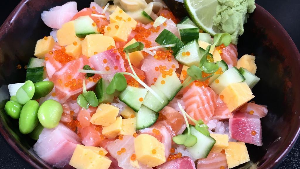 Omega 3 Don · Chopped salmon,hamachi, tamago, flying fish roe  , cucumbers.