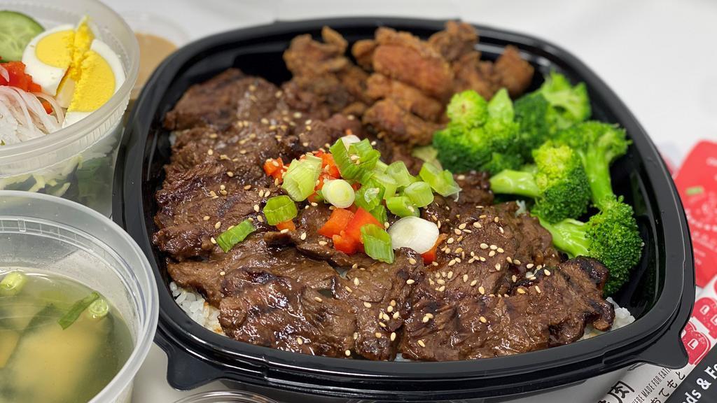 Gyu-Bento: Build Your Own Bento! · The closest you can get to the Gyu-Kaku yakiniku experience without grilling the meat yourself. Customize your meal! Select two proteins, two marinades, two sides, and rice portion. Includes Miso Soup, White Rice, and Half Gyu-Kaku Salad.