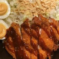 Chicken Katsu Bowl · A chicken cutlet fried katsu style and a hard-boiled egg with chili mayo served on a bed of ...