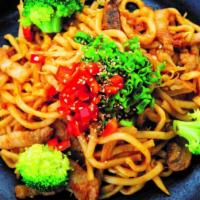 Miso Yaki-Udon · Thick, chewy udon noodles stir-fried with pork belly in our special miso-based sauce. Includ...