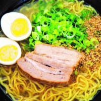 Goma Negi Shio Ramen · Beef and shio-based soup with medium-thick ramen noodles and thick braised pork belly Kakuni...