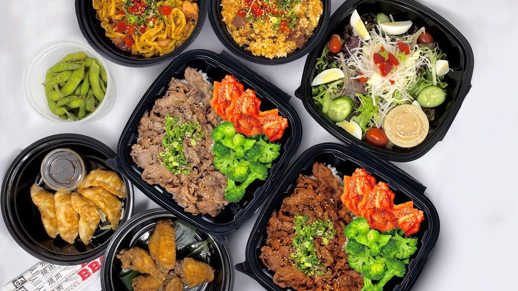 Gyu-Family Meal For All · Take a break and let us build your meal. We have put together some of our fan favorites to create a well-balance meal that feeds four. Substitutions respectfully declined. Includes: 1x Gyu-Bento with 7 oz Yaki-shabu Beef in Miso, 1x Gyu-Bento with 7 oz Toro Beef in Sweet Soy Tare, 1x Sukiyaki Beef Fried Rice, 1x Garlic Noodles with Chicken, 1x Black Pepper Wings, 1x Fried Pork Gyoza Dumplings, 1x Gyu-Kaku Salad, 1x Edamame