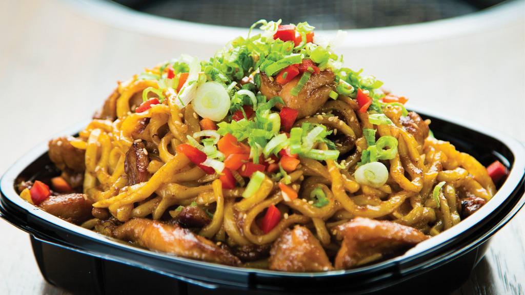 Mega Garlic Noodles With Chicken · A TRIPLE SERVING of our Crowd Favorite: Mega Garlic Noodles with Chicken. Serves 3-5 people. Thick Japanese noodles stir-fried with chicken, sliced garlic, butter, and soy sauce. Topped with diced red bell peppers, chopped green onions, and sesame seeds.
