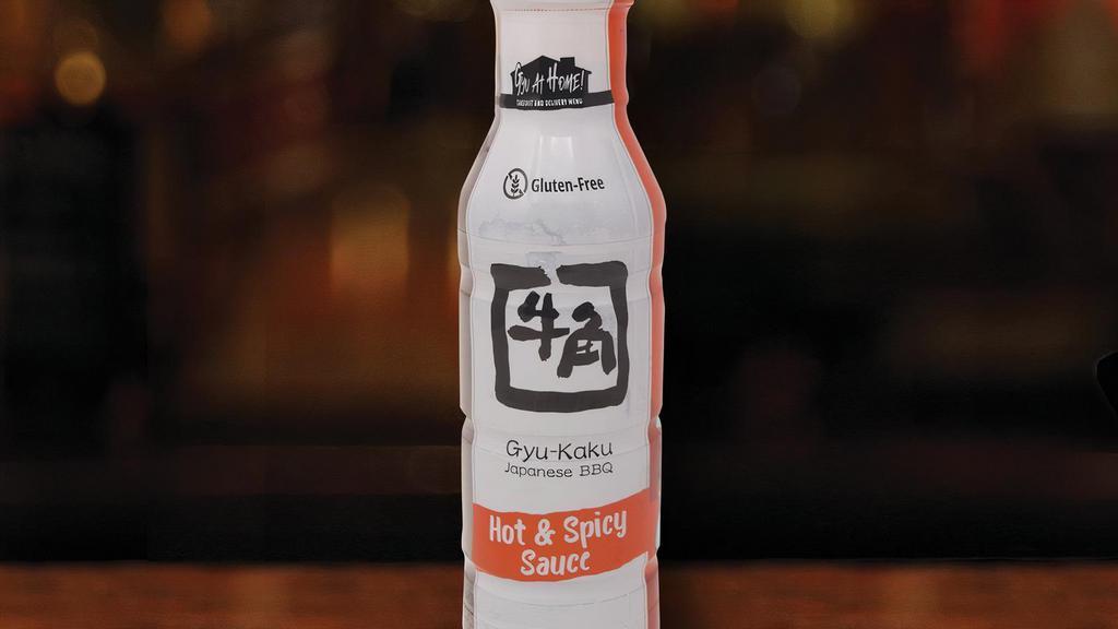 Hot & Spicy Sauce Bottle (12 Oz) · Enjoy our original Hot & Spicy Sauce at home! Use it on your delivery/takeout order or bring a Japanese flair to your next backyard BBQ! 

Our mildly spicy Japanese BBQ dipping sauce. Only available at Gyu-Kaku.
Gluten Free