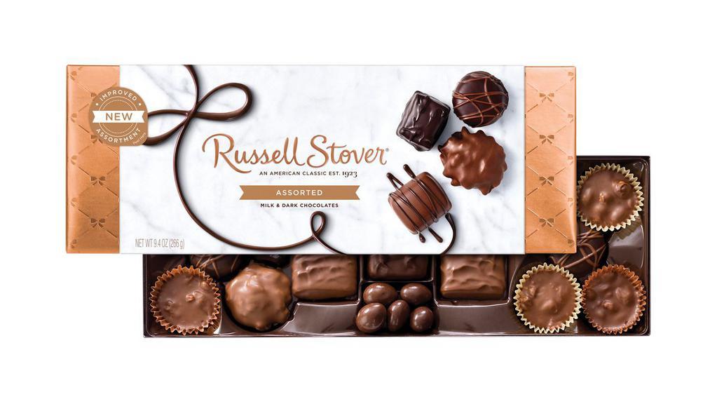 Russell Stover Assorted Milk And Dark Chocolate Gift Box · Russell Stover's® Assorted Chocolates. From milk chocolates filled with peanuts and caramel to dark chocolates filled with Almonds and Truffles, this assortment is the perfect boxed chocolate gift.