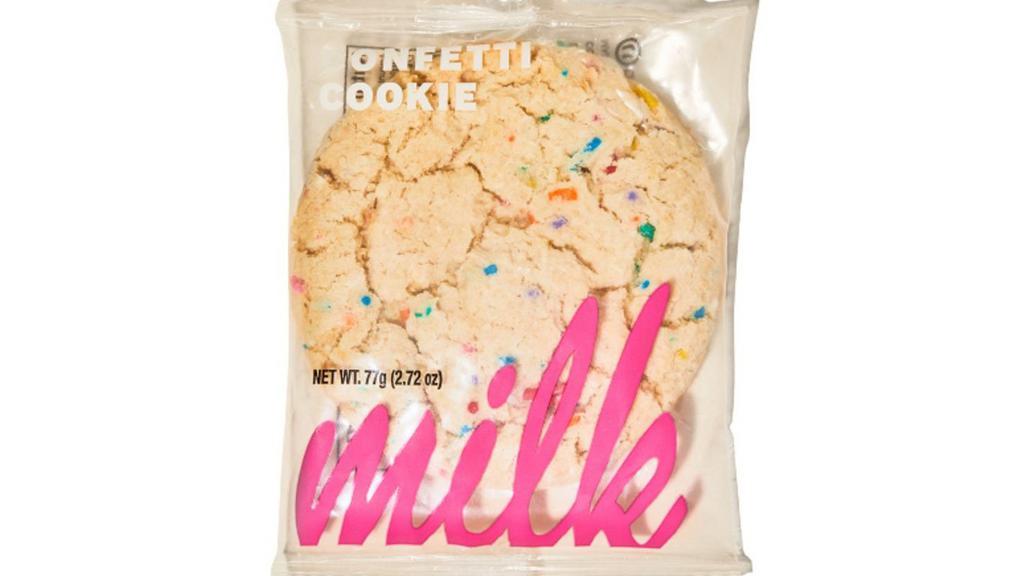 Milk Bar Confetti Cookie (1Ct) · All those familiar Milk Bar Birthday Cake flavors — dreamy vanilla, rich butter, rainbow sprinkles — combine in fluffy, chewy sugar cookie heaven.