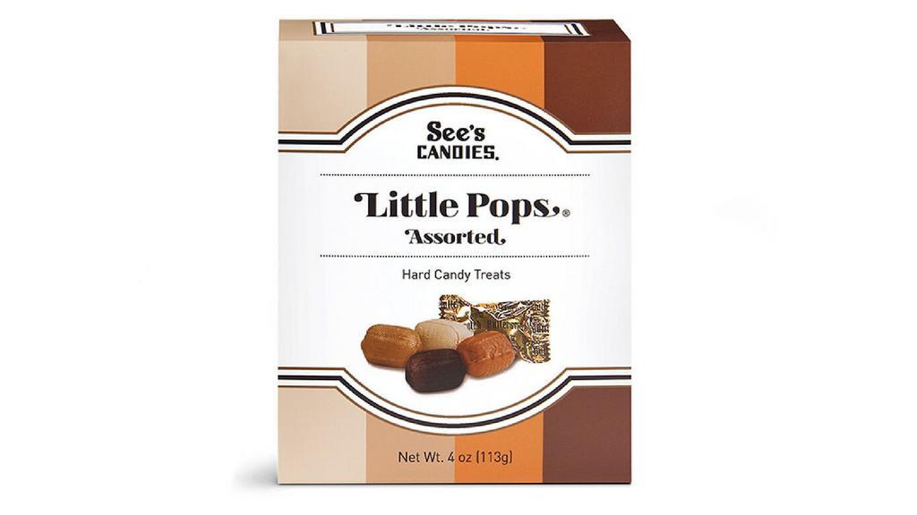 See's Candies Assorted Little Pops (4oz) · Same big flavor as our lollypops, only in a smaller snack size! Made with the same dairy-fresh cream, butter and assorted flavors as our full-size lollys. Approximately 30 individually wrapped pieces per box.