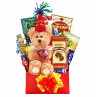 Beary Sweet Gift Basket · Dressed in his best, our plush bear is surrounded by goodies, ideal for a birthday. Includes...