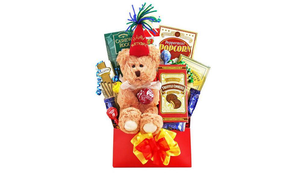 Beary Sweet Gift Basket · Dressed in his best, our plush bear is surrounded by goodies, ideal for a birthday. Includes: Plush Birthday Bear (1 count); Chocolate Truffle Cookies (1.8 oz each, 1 count); Jelly Belly Jelly Bellies (1.8 oz each, 1 count); Popcorn Crunch (3.5 oz each, 1 count); Tootsie Pops (1 oz each, 3 counts); Butter Toffee Pretzels (2 oz each, 1 count); Chocolate Rolled & Filled Cookie (0.9 oz each, 1 count); Cashew Roca (1.27 oz each, 1 count).