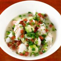 Shrimp Ceviche · tiger shrimp, leche de tigre, pico de gallo, avocado, red onions, cilantro
Served with chips