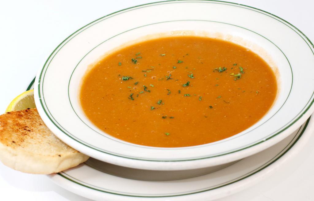 Lentil Soup · Vegan. Blended soup of carrots, onions, and potatoes.