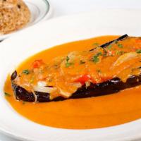 Stuffed Eggplant · Vegan. With grilled onions and peppers.