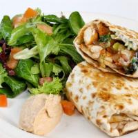 Chicken Wrap · Onions, tomatoes, greens, peppers, and yogurt-cucumber spread.