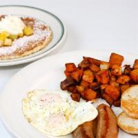 2 Eggs with a Ricotta French Toast · Choice of bacon, Louisiana sausage (mildly spicy), chicken-apple sausage, suck (Turkish beef...