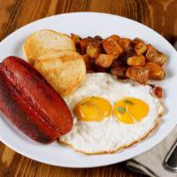 2 Eggs with Chicken-Apple Sausage · Served with home style potatoes and homemade english muffin.