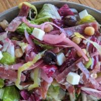 Chopped Salad · radicchio, romaine, olives, pickled onions, provolone, pepperoncini, salumi, chickpeas, red ...