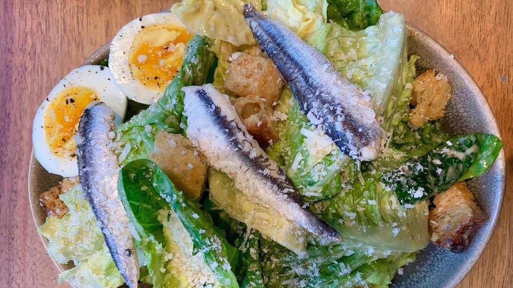 Caesar · little gem lettuce, garlic croutons, soft-cooked egg, anchovies, parmigiano . *dressing served on side*