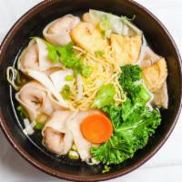 #2.5. Wonton Soup · Soy protein, cabbage, onion, ginger wrapped in wonton skin, with seaweed, green onion, bok c...