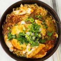 #7.6. Sunrise Miso Ramen · Wheat noodle soup with vegan egg, seaweed, sprouts, mushroom, bamboo shoots, green onion, bo...
