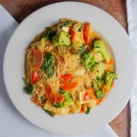 #7.9. Pad Thai · Spicy, contain nuts, gluten-free. Rice noodles, vegan shrimp, celery, tofu, carrots, snow pe...