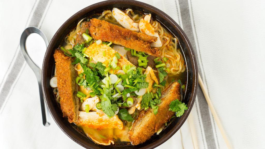 #7.7. Katsu Miso Ramen · Wheat noodle soup with vegan katsu, seaweed, sprouts, mushroom, bamboo shoots, green onion, bok choy and snow peas.