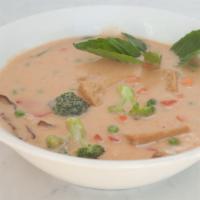 #9.1. Panang Curry · Contain nuts, spicy. Tofu, eggplant, broccoli, peas, carrot, basil, panang paste, peanut and...
