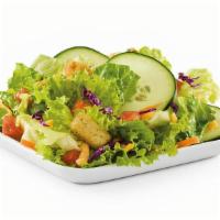 Side House Salad · Diced tomato, sliced cucumber, shredded Cheddar cheese and croutons on mixed greens with cho...